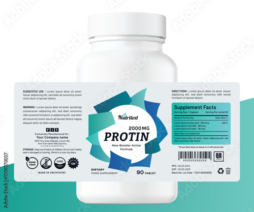 Modern product bottle label layout with bold fonts. Idea for healthcare, fitness, vitamins, capsules, and protein food supplement product packaging.