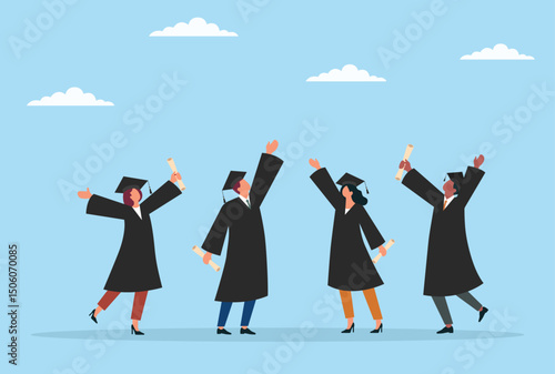 Vector illustration of happy graduates celebrating success, four students wearing academic gowns and caps rejoicing under a bright sky, symbolizing achievement and new beginnings
