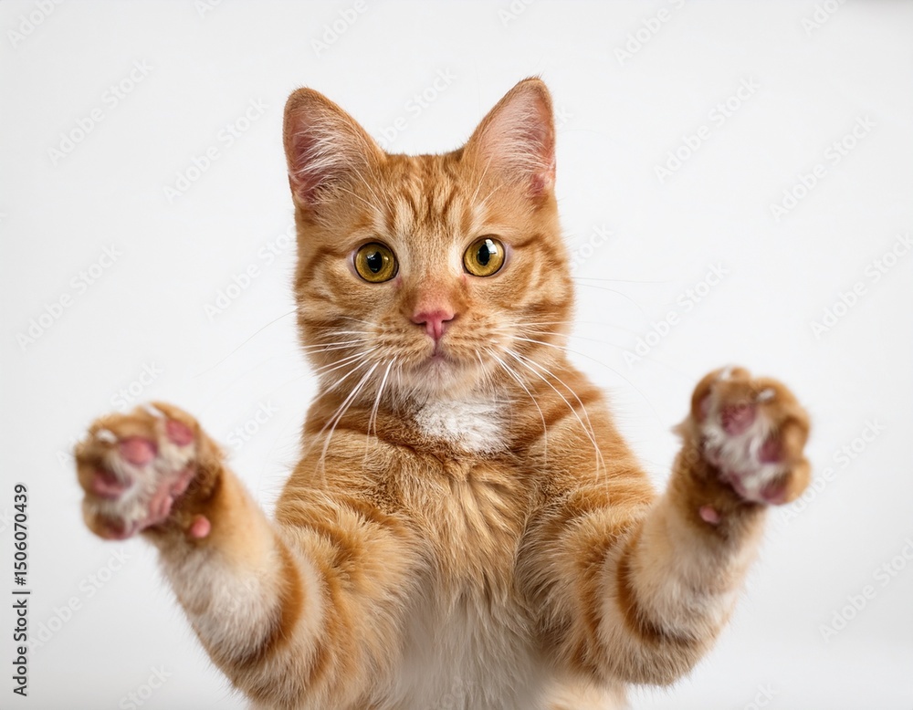 Obraz premium ginger cat showing paws on white background