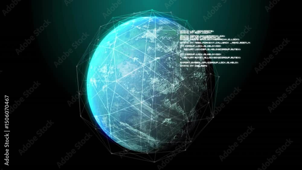 On startup digital globe rotating with code panels expanding and moving ...