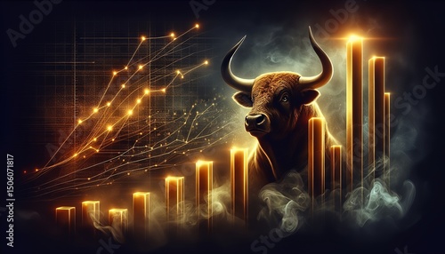 A dynamic representation of market growth, showcasing a bullish trend with rising charts and a powerful bull symbolising financial strength.
