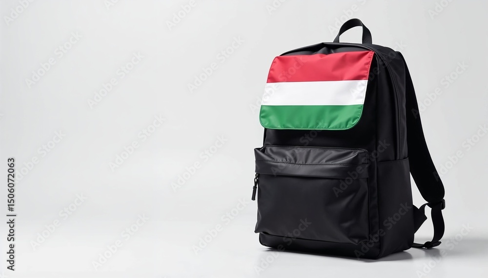 Black backpack with Hungarian flag design on a plain background for casual use, copy space Black backpack with Hungarian flag design on a plain background for casual use, copy space