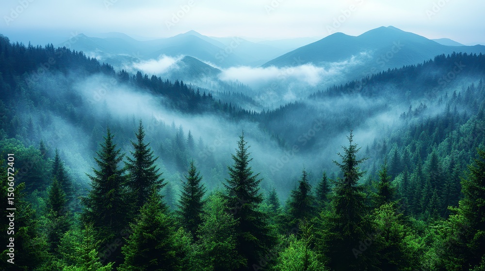 Misty mountains & forest vista, with pine trees in foreground and clouds hanging low Misty mountains & forest vista, with pine trees in foreground and clouds hanging low