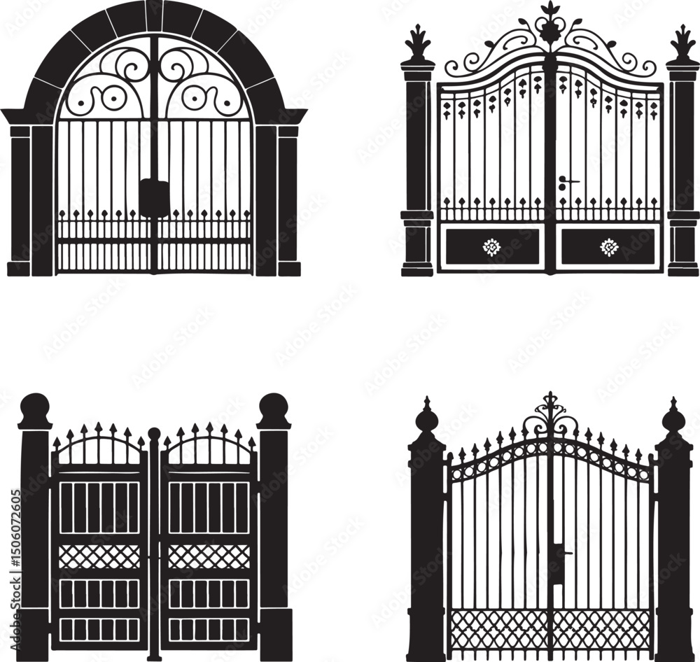 Fototapeta premium Vintage gate silhouette set vector isolated On Transparent Background