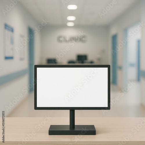 Blank Digital Sign at Modern Clinic Reception Desk Interior Background