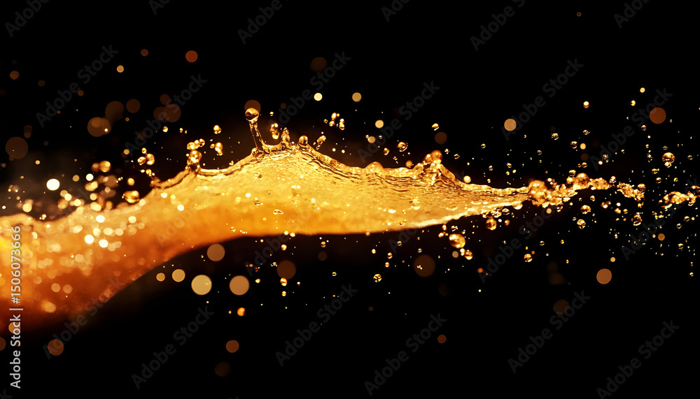 Fototapeta premium dynamic splash of golden orange sparkling liquid, no fruit visible, crisp effervescent droplets in motion, luxurious golden hues, glowing highlights, soft mist