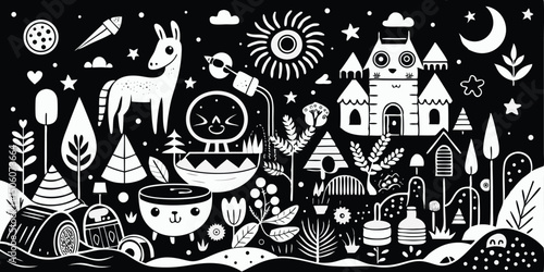 And white whimsical landscape with donkey cat house moon and stars vector