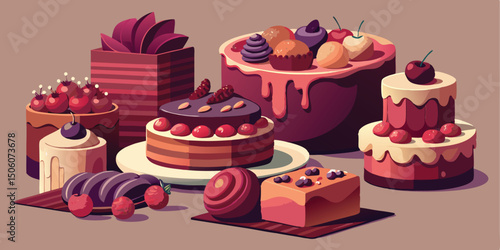 Assorted cartoon cakes and desserts featuring berries and chocolate in vector illustration