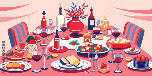 Extravagant festive dinner table setting with wine and delicious food dishes illustration