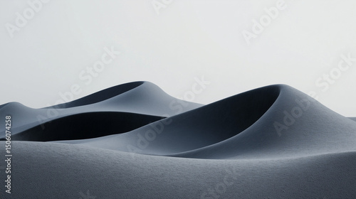Surreal landscape of dark sand dunes with smooth curves under a gray sky, minimalist and abstract scenery with alien atmosphere