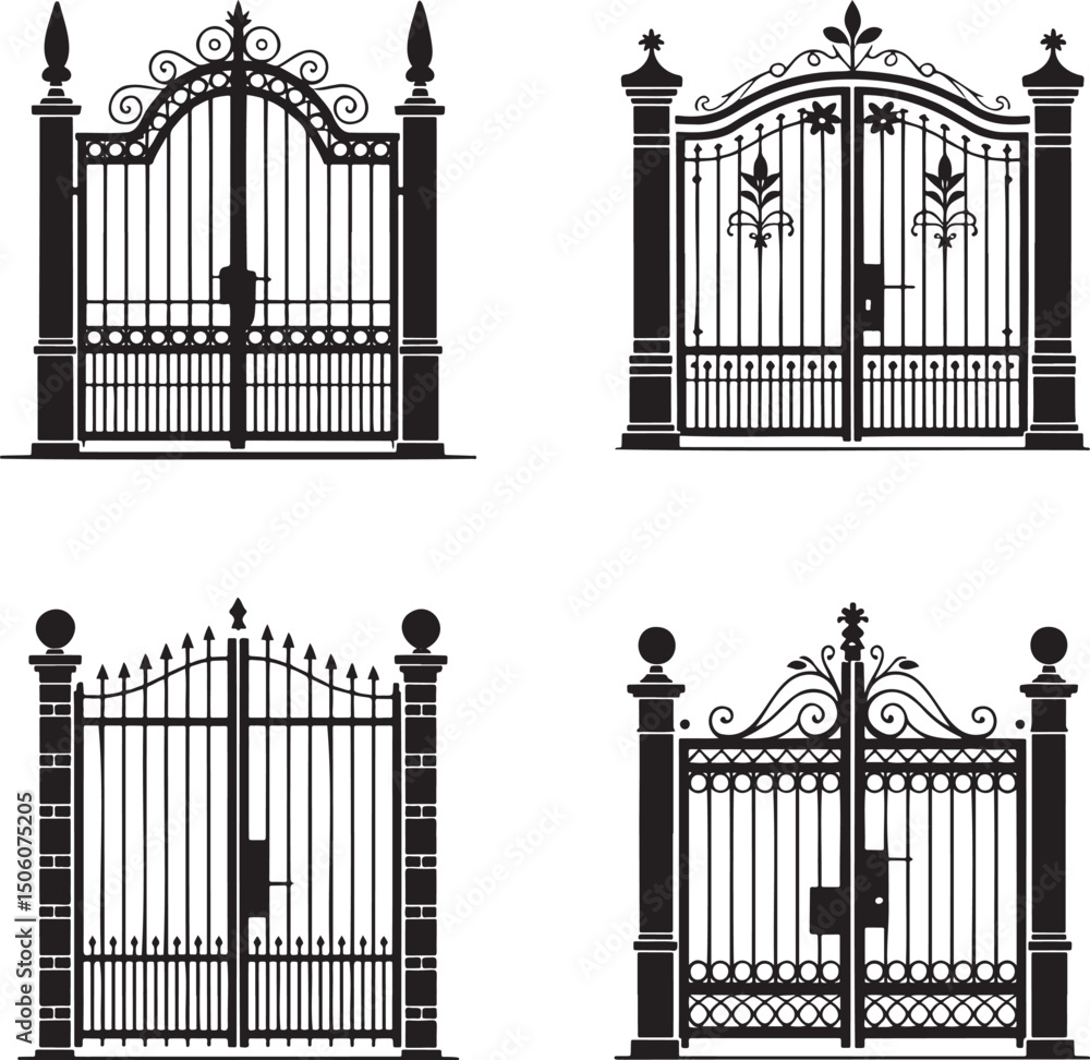 Fototapeta premium Vintage gate silhouette set vector isolated On Transparent Background
