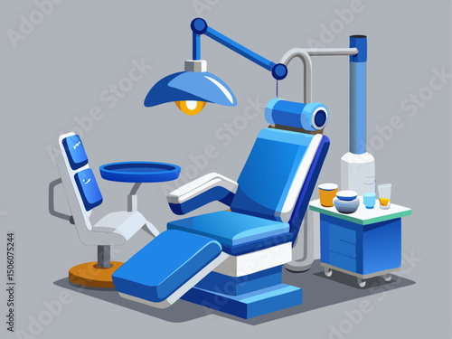 A professional vector of a blue dental chair with instruments and lamp, placed on a solid light grey background