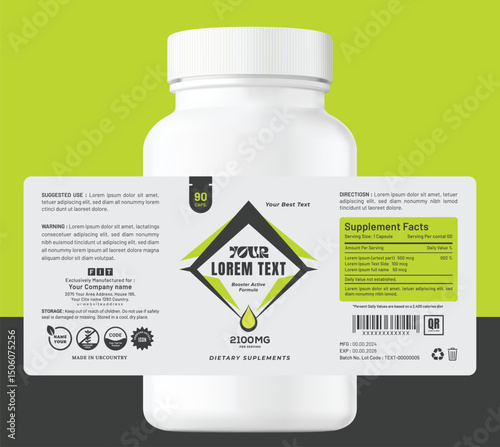 A minimalist food supplement label design focusing on typography and color is ideal for dietary, gym, fitness, and energy medical products.