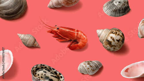 Wallpaper Mural Vibrant shrimp and seashells on coral background Torontodigital.ca