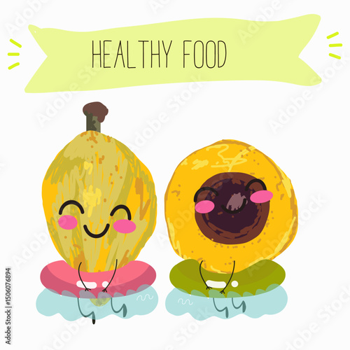 lucuma fruit cute funny cheerful characters with different poses and emotions. Vector hand drawnvector illistration.