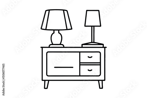 Two lamps sitting on a wooden nightstand with drawers