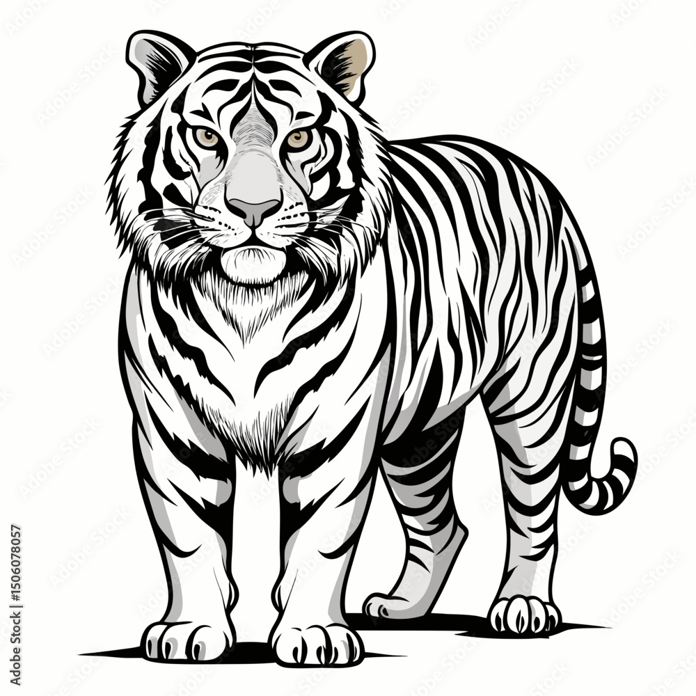 Fototapeta premium Sketch African tiger black and white illustration. Tiger drawn sketch in doodle style on a white background. Illustrated in vintage hand-drawn style.