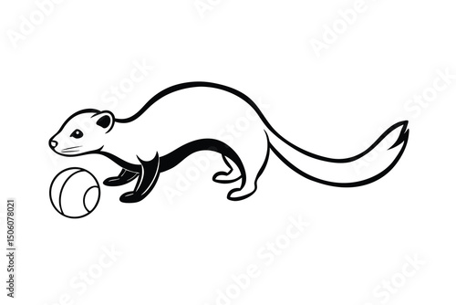 Playful ferret with ball black and white illustration