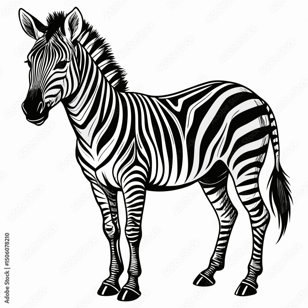 Fototapeta premium Sketch zebra black and white illustration. Zebra drawn sketch in doodle style on a white background. Illustrated in vintage hand-drawn style.