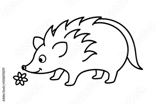 Adorable cartoon hedgehog sniffing flower outline illustration