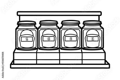 Four jars of preserves on a wooden shelf in a grocery store