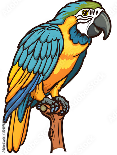 A hand-drawn macaw perched on a branch, representing tropical beauty and vibrant wildlife.