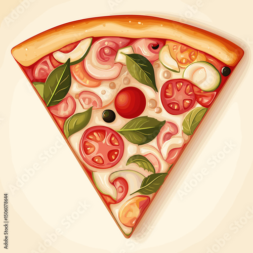 Pizza with tomatoes cheese and classic Italian toppings in vector illustration style
