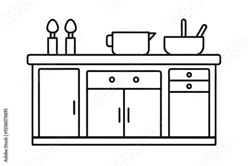 Modern kitchen island cabinet design line art illustration
