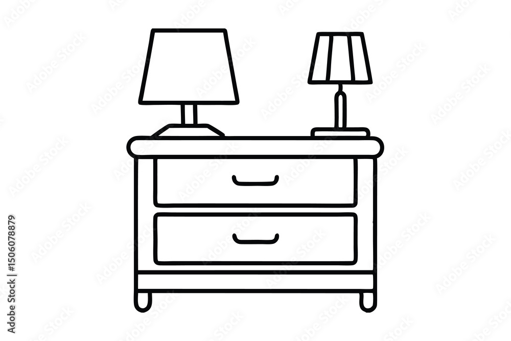 Two lamps on a two drawer nightstand simple line art