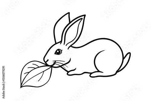 Adorable cartoon bunny rabbit eating green leaf outline illustration