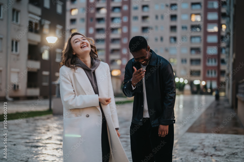 Fototapeta premium Two friends share a cheerful laugh outdoors in a modern city environment, embodying friendship, joy, and connection during an evening in the urban landscape.