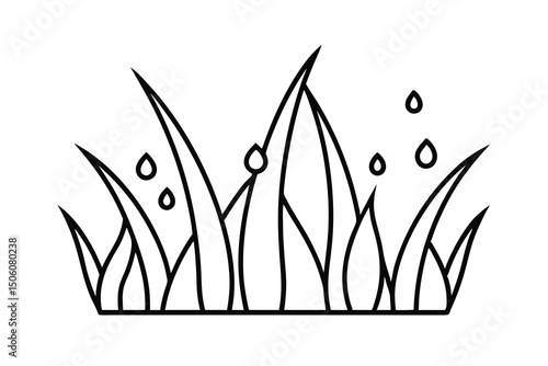 Dewdrops on blades of grass simple line art illustration