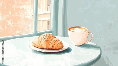 croissant and coffee illustration, cozy croissant and coffee breakfast scene, croissant and coffee art for cafe decor