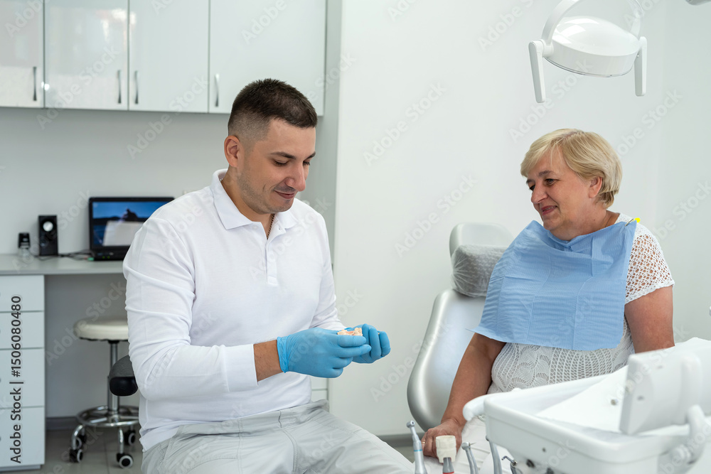Obraz premium dentist holds an implant and consults an elderly woman with the installation of a tooth crown, dental clinic