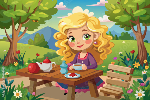 vector of A wooden picnic table where a beautiful girl with curly blonde hair is sitting on a bench and serving tea.