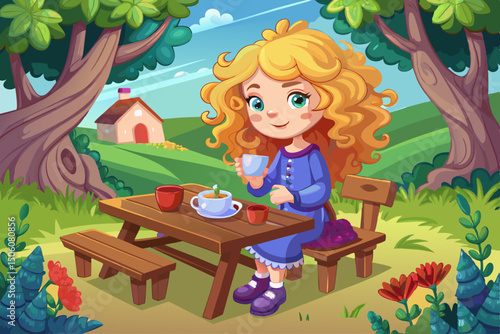 vector of A wooden picnic table where a beautiful girl with curly blonde hair is sitting on a bench and serving tea.