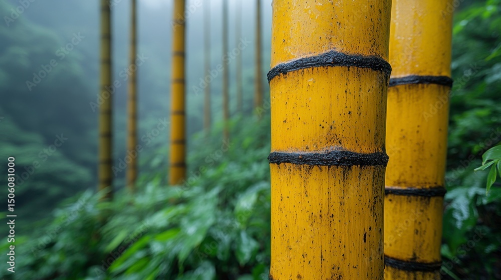 Yellow bamboo stalks stand tall amidst lush greenery, disappearing into the misty forest Yellow bamboo stalks stand tall amidst lush greenery, disappearing into the misty forest