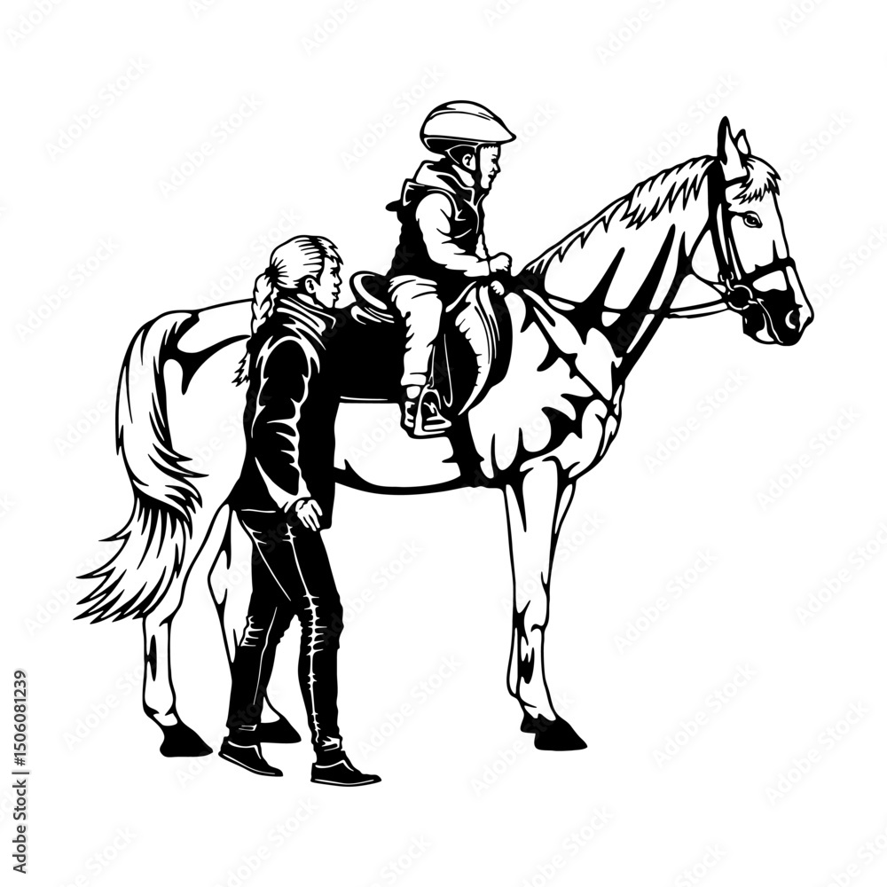 Fototapeta premium Kid practicing horseback riding. Vector illustration.