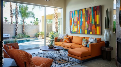 A modern interior design living room with vibrant colorful abstract and orange sofa opening to a relaxing outdoor swimming pool view.