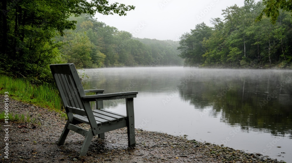 A wooden chair sits peacefully beside the tranquil misty lake surrounded by lush green trees and calm natural environment. A wooden chair sits peacefully beside the tranquil misty lake surrounded by lush green trees and calm natural environment.