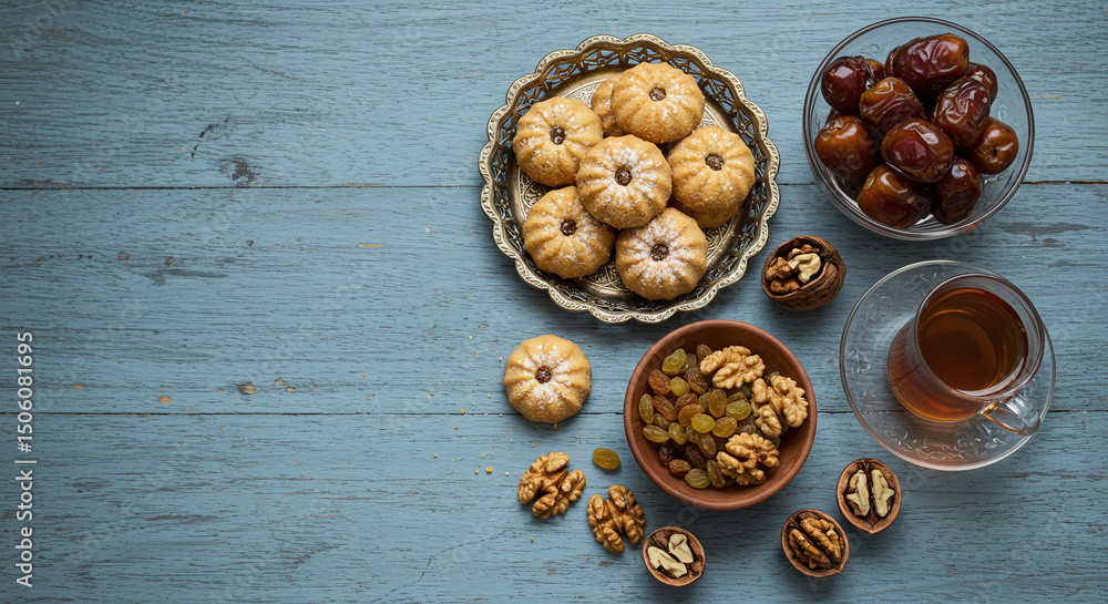 Cookies, Dates, Walnuts, and Tea on Blue Wooden Table Cookies, Dates, Walnuts, and Tea on Blue Wooden Table