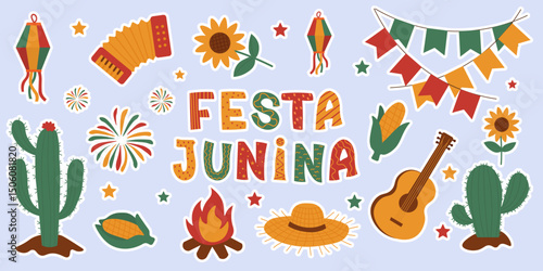 Set stickers Festa Junina traditional elements with cactus, guitar, corn, fireworks and decorations. Ideal for June party design and celebration themes