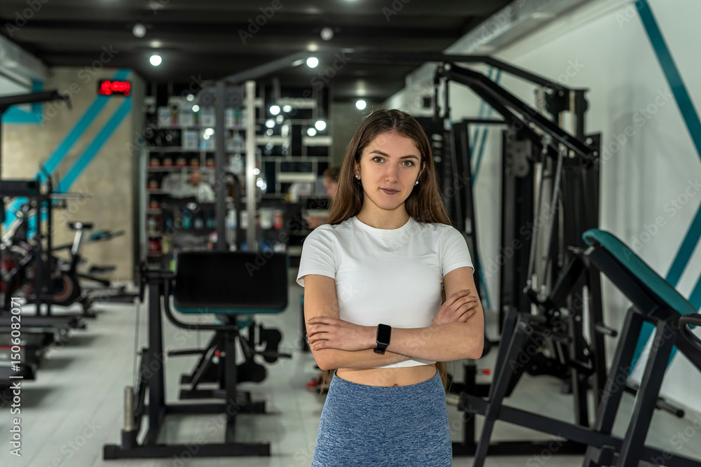 Fototapeta premium Portrait of female in sportswear standing in the gym and looking at camera, rest after exercise