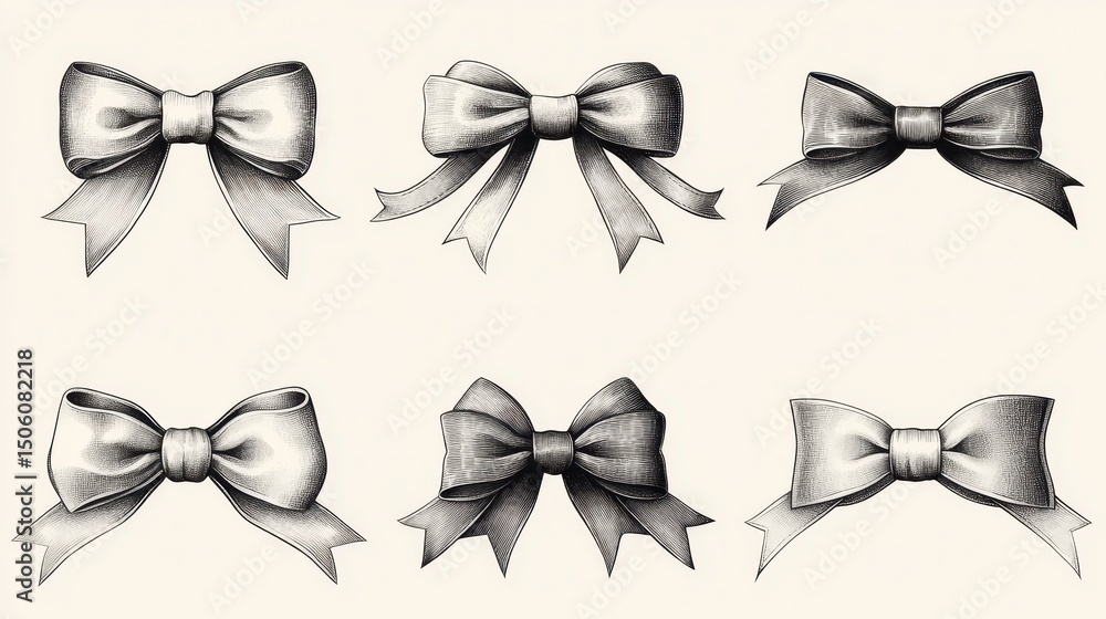 Six elegant ribbon bows, pencil style illustrations on neutral background Six elegant ribbon bows, pencil style illustrations on neutral background