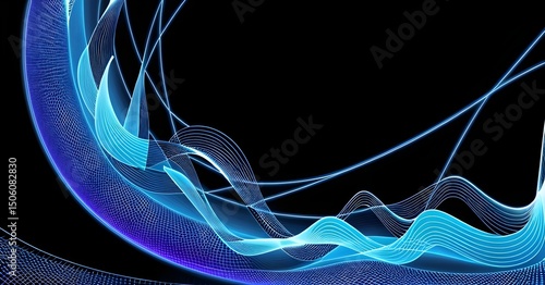 Fourier bloom waveforms glow against indigo with clear space on the right for overlay or headline.