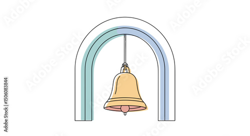 Bell in Arc: A line drawing of a bell suspended within a rainbow-colored arc, embodying simplicity and harmony. This image symbolizes peace and notification.