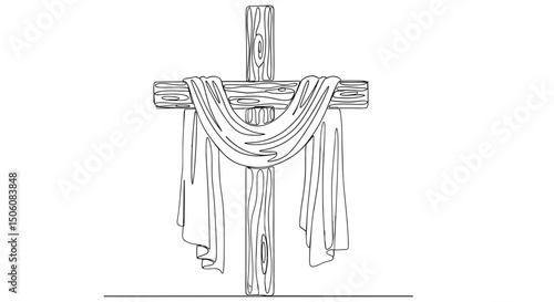 Wooden Cross with Drape: A simple line drawing of a rustic wooden cross adorned with a draped cloth, symbolizing faith, spirituality, and remembrance.