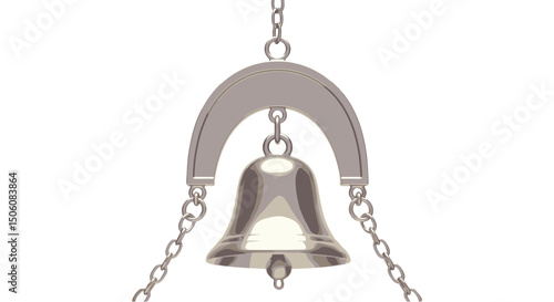 Resonant Bell in Silver: A beautifully crafted, silver bell suspended from delicate chains. Its smooth, reflective surface hints at the clear, resonant sound it's capable of producing.