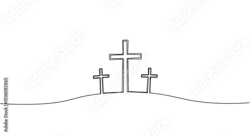 Holy Cross: A minimalist illustration of three crosses silhouetted against the open sky, evokes a sense of devotion and spirituality in this deeply symbolic representation.