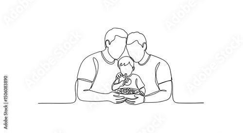 Monoline LGBTQ+ Family Portrait: a monoline depiction of two men holding a child, a heartwarming portrayal of family in a minimalist art style.